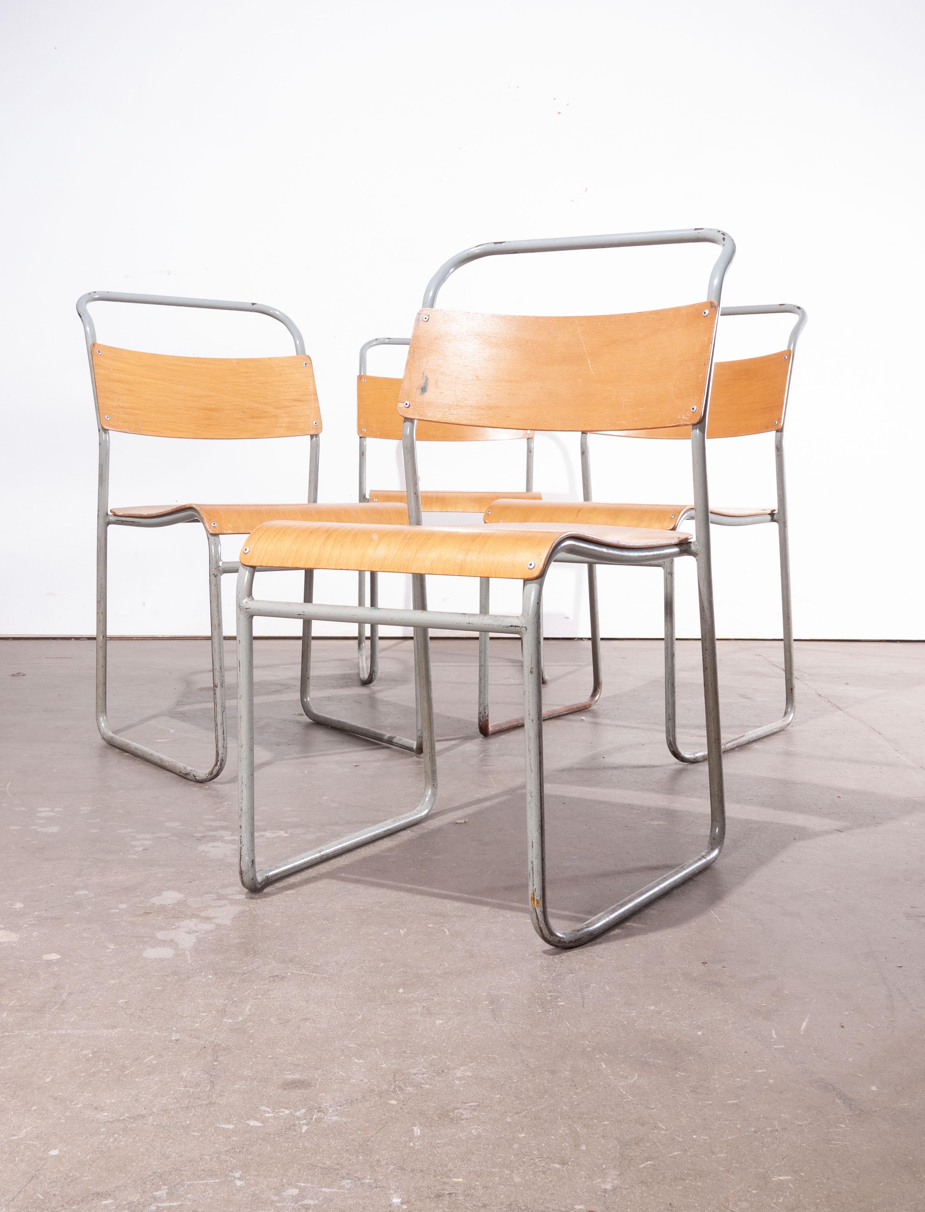 1950s Remploy tubular metal stacking dining chairs – set of four grey frame
1950s Remploy tubular metal stacking dining chairs – set of four. Remploy was established in 1944 by the Disabled Persons (Employment) Act, the aim of which was to provide