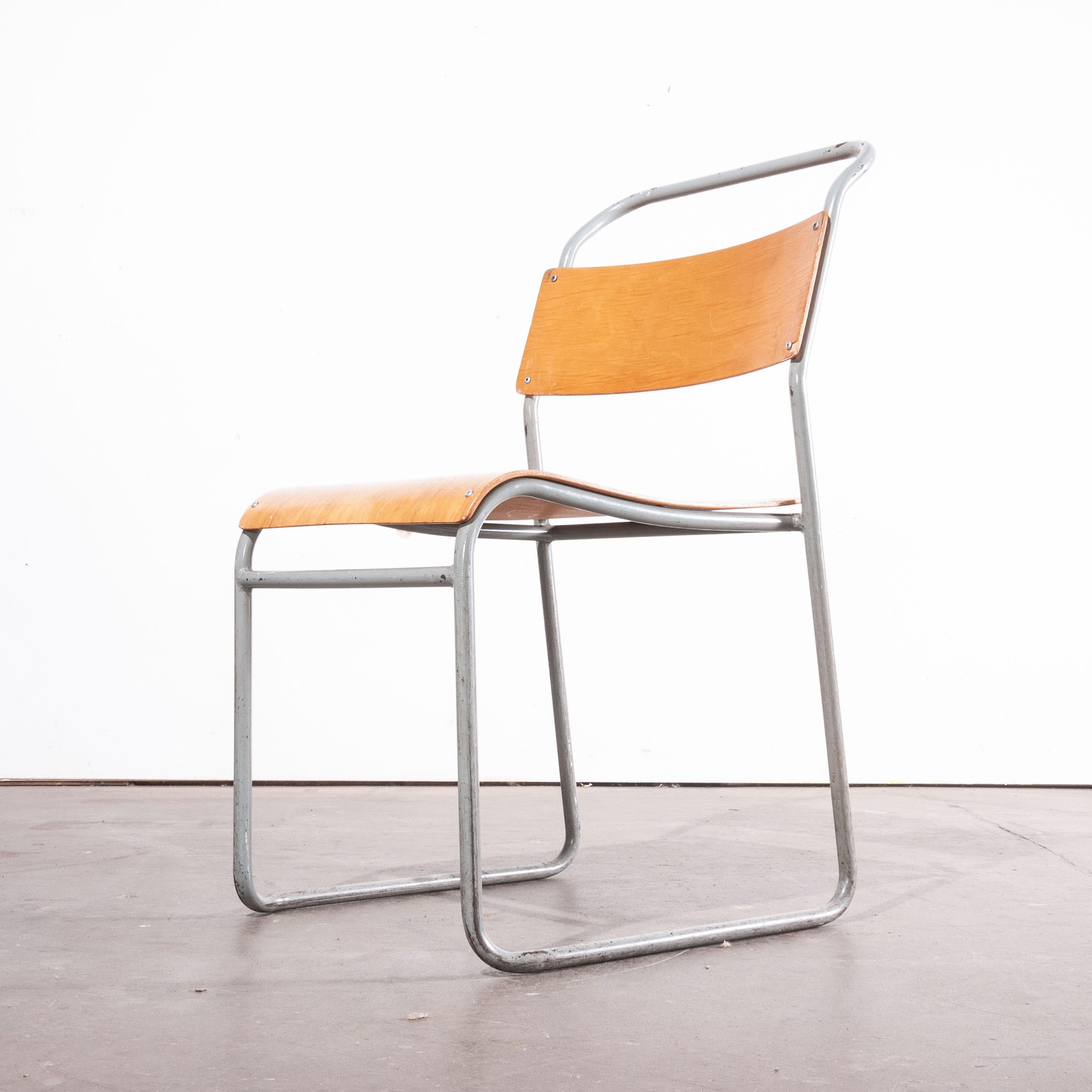 British 1950s Remploy Tubular Metal Stacking Dining Chairs, Set Of Four Grey Frame