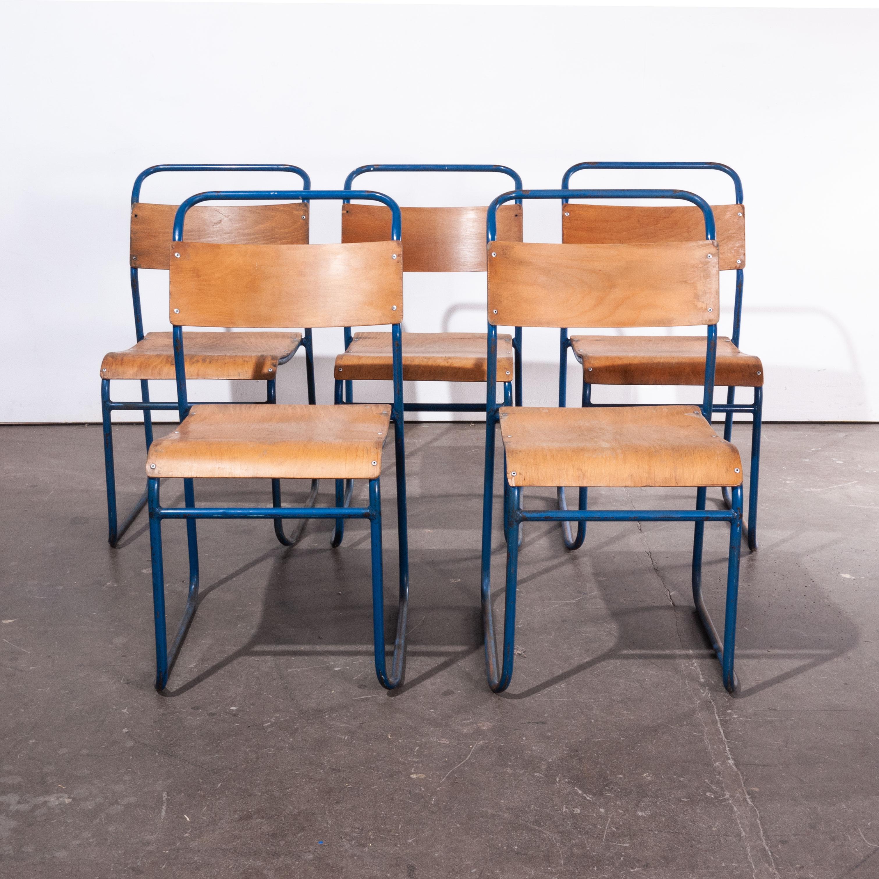 1950s Remploy Tubular Metal Stacking Dining Chairs, Set of Six Blue Frame In Good Condition In Hook, Hampshire