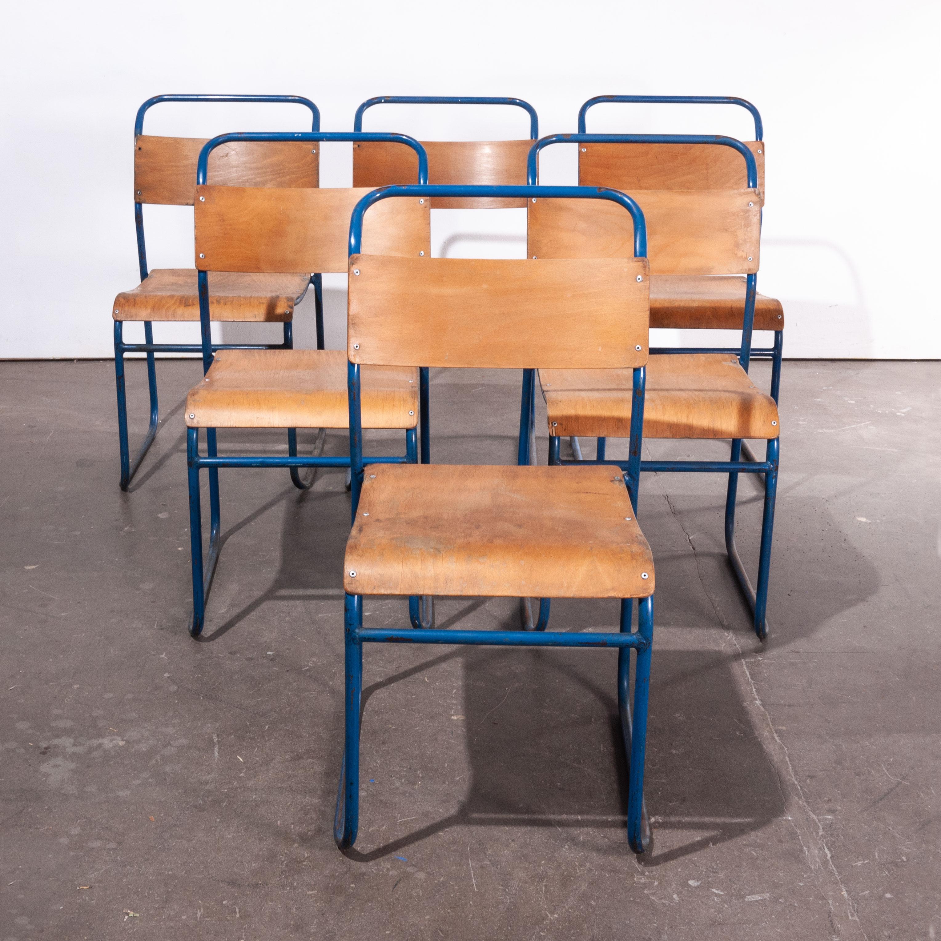 Beech 1950s Remploy Tubular Metal Stacking Dining Chairs, Set of Six Blue Frame