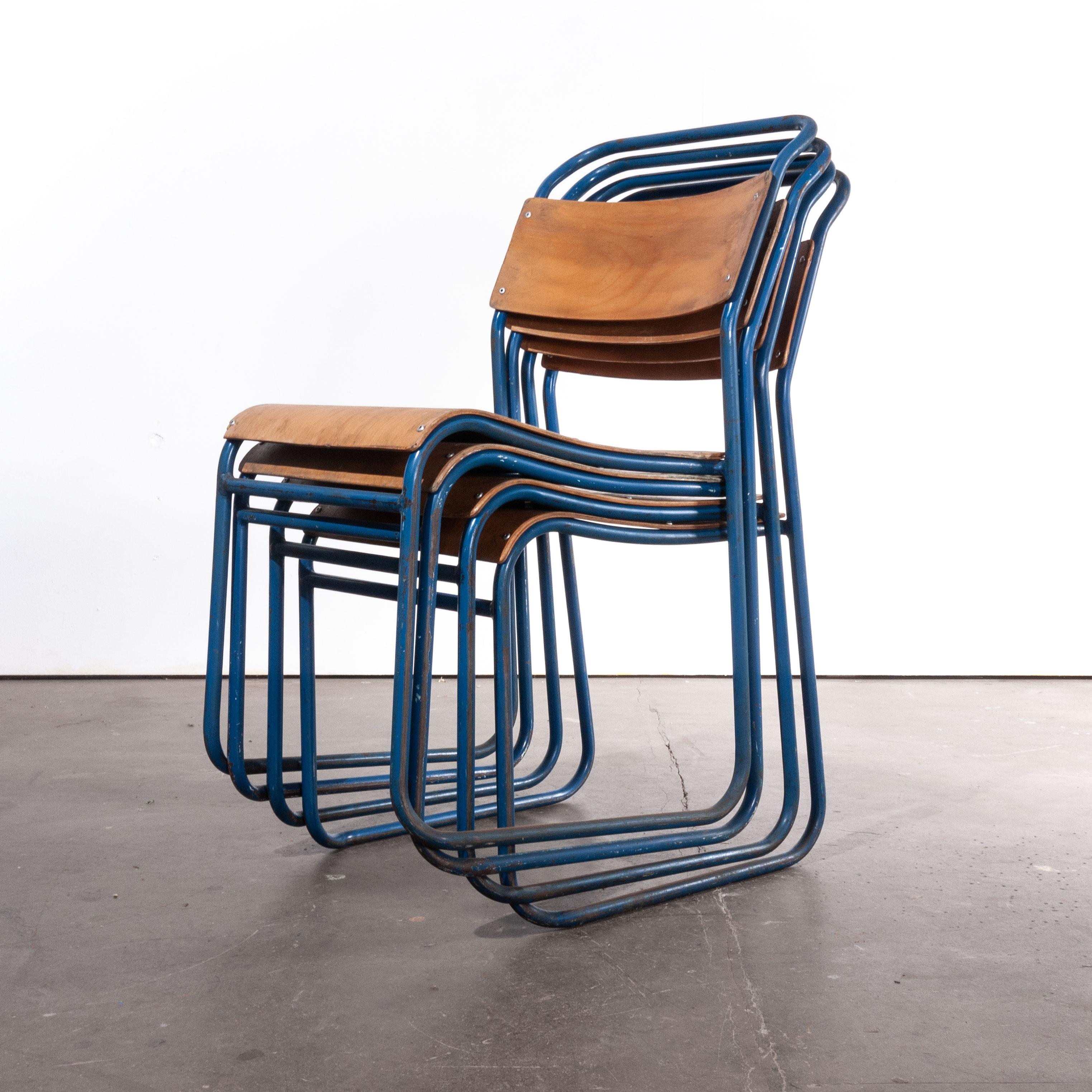 British 1950s Remploy Tubular Metal Stacking Dining Chairs, Set of Ten Blue Frame