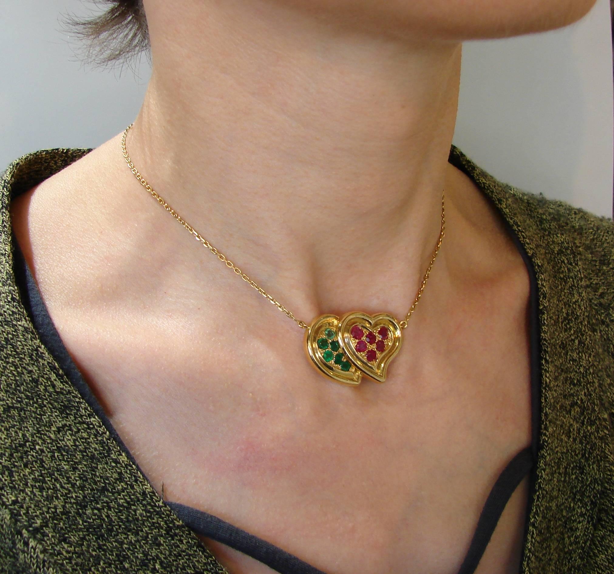 1950s RENE BOIVIN Ruby Emerald Yellow Gold Heart Pendant Necklace 1