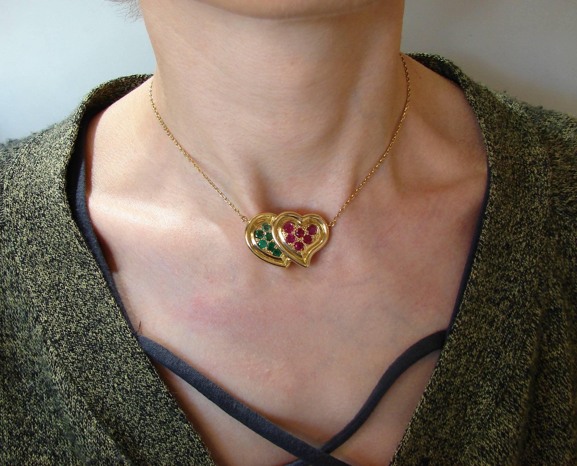 1950s RENE BOIVIN Ruby Emerald Yellow Gold Heart Pendant Necklace 2