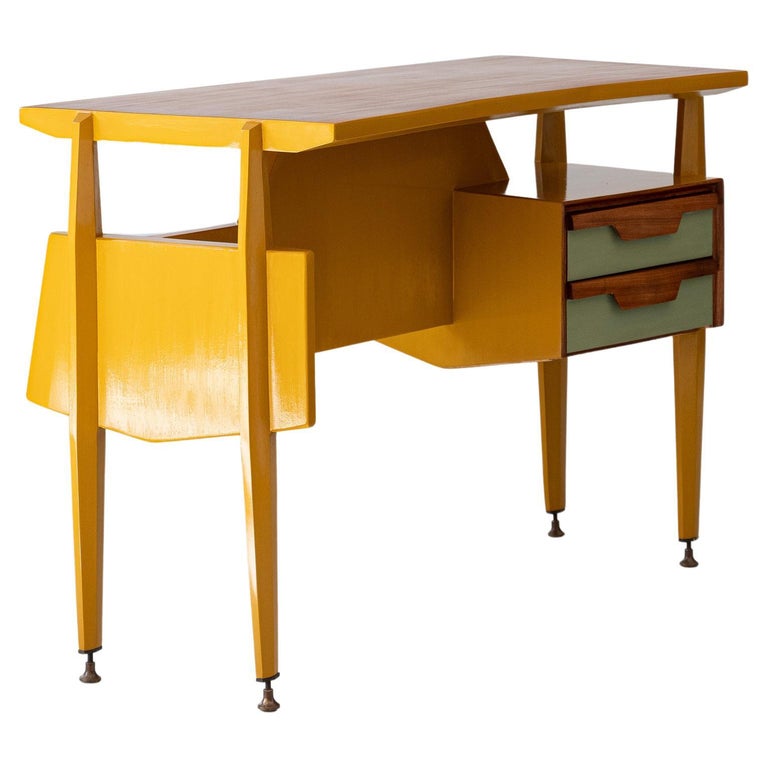 Renoved and Restyled Italian Wooden Desk Table with Brass Details For