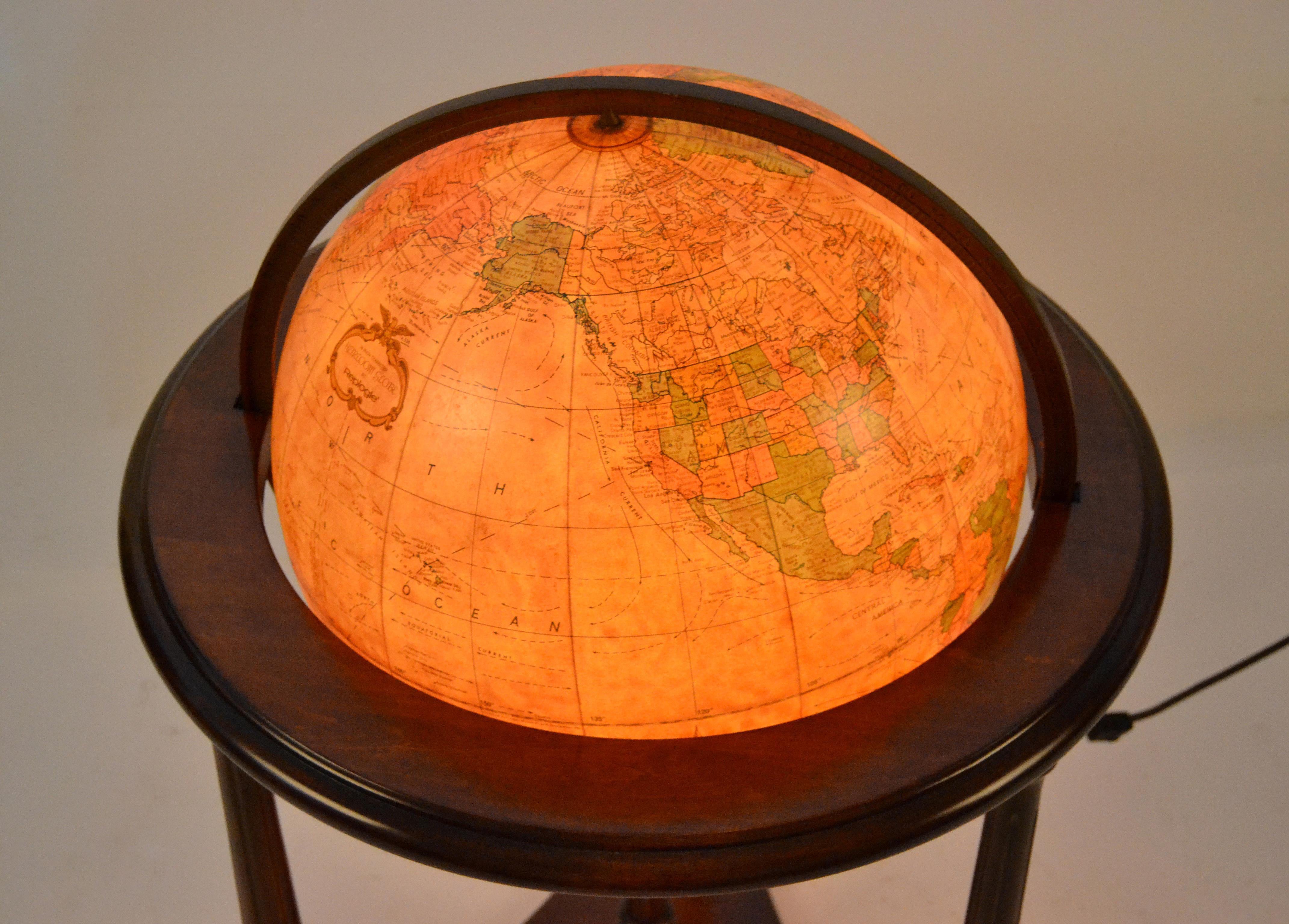 American 1950s Replogle Mid-Century Modern Illuminated Glass Globe on Walnut Stand