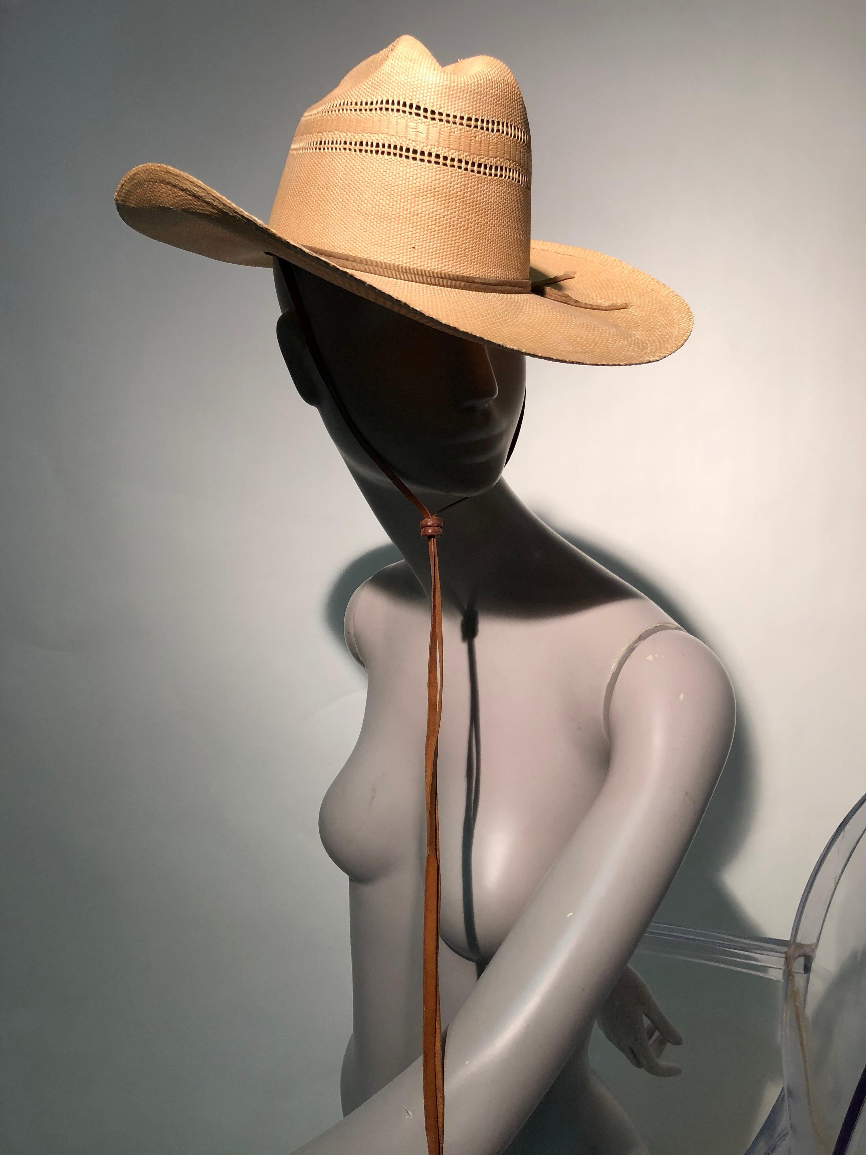 Brown 1950s Resistol Woven Straw Cowboy Western Hat W/ Leather Chin Strap