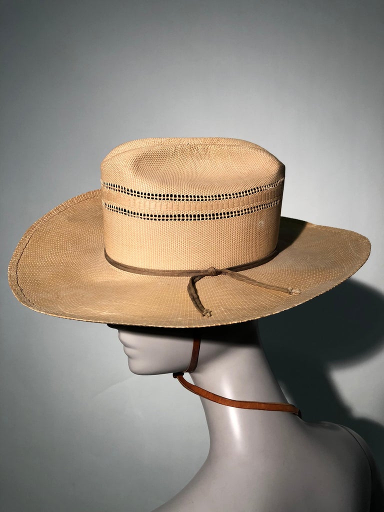 1950s Resistol Woven Straw Cowboy Western Hat W/ Leather Chin Strap at