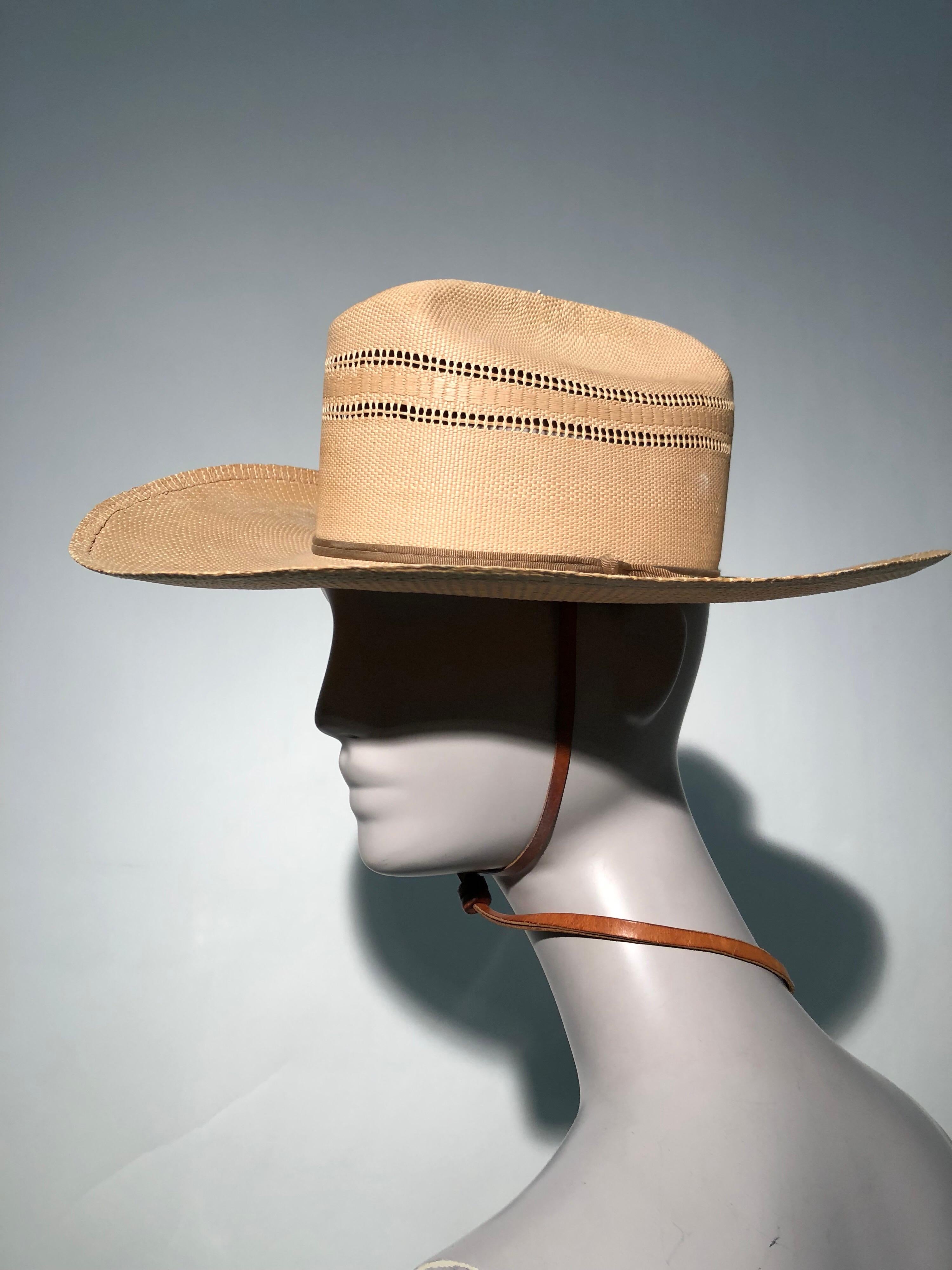 Women's or Men's 1950s Resistol Woven Straw Cowboy Western Hat W/ Leather Chin Strap