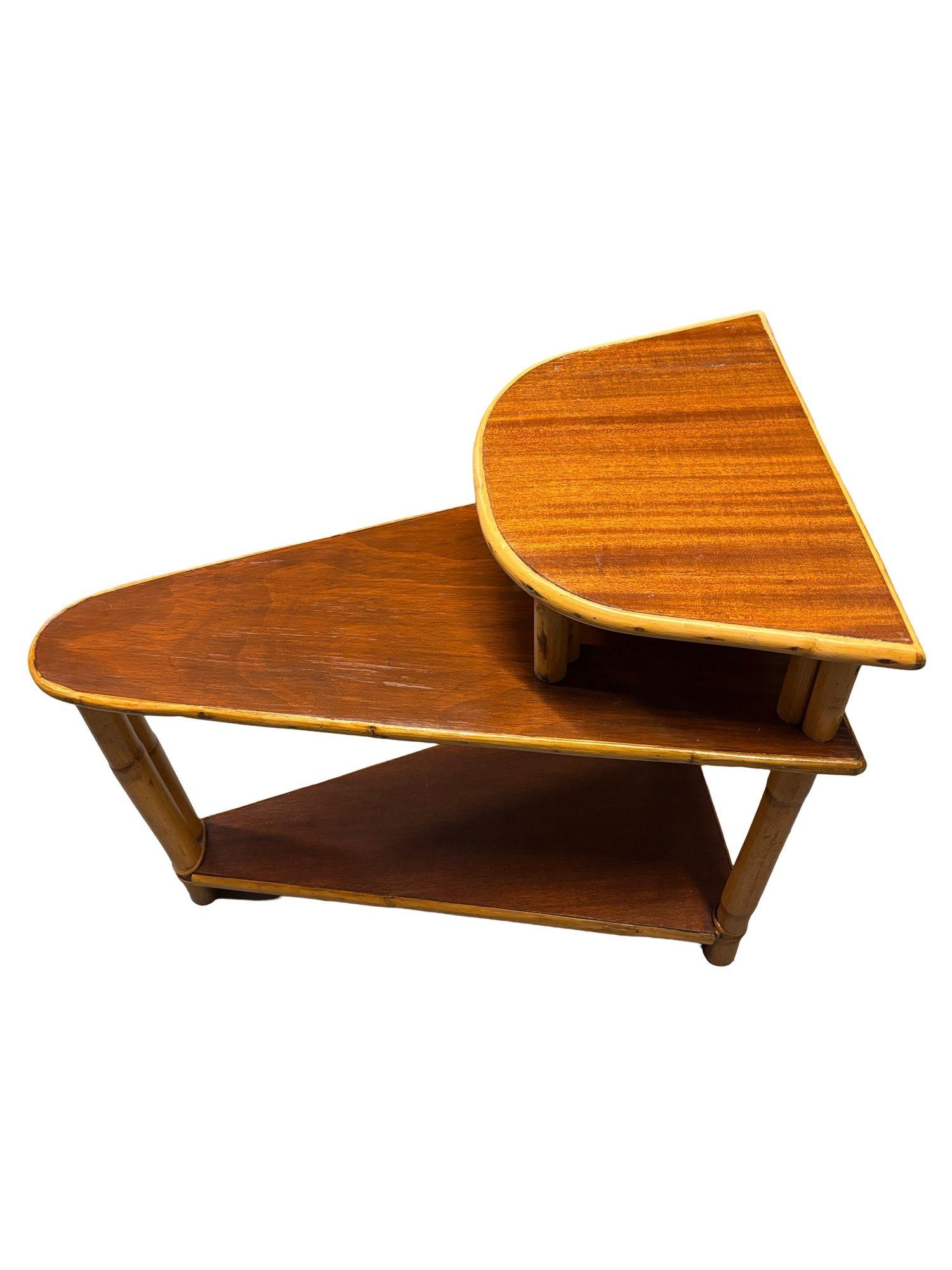 1950s Restored 3-Tier Wedge Side Table with Mahogany Tops In Excellent Condition For Sale In Van Nuys, CA
