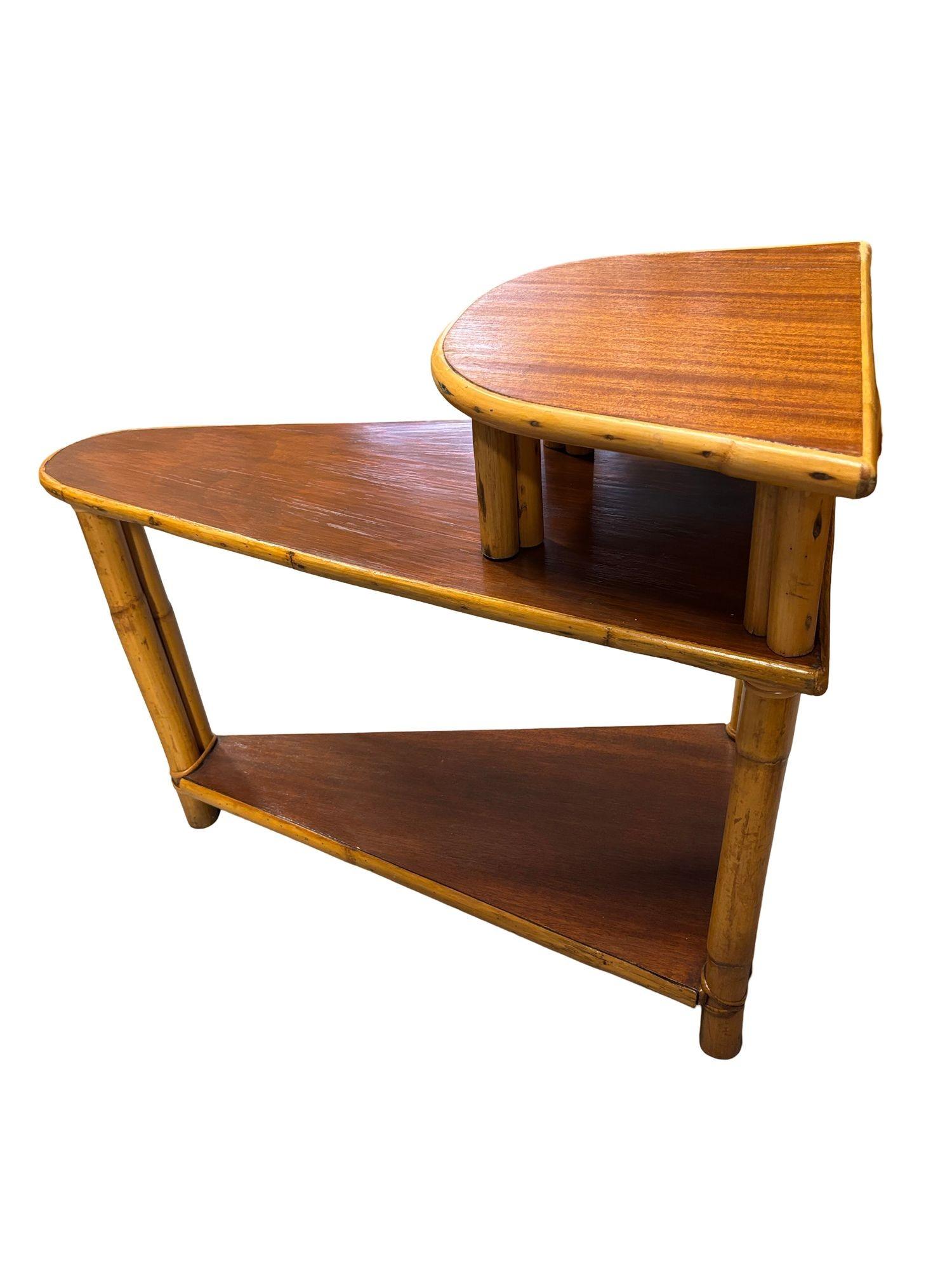 Rattan 1950s Restored 3-Tier Wedge Side Table with Mahogany Tops For Sale