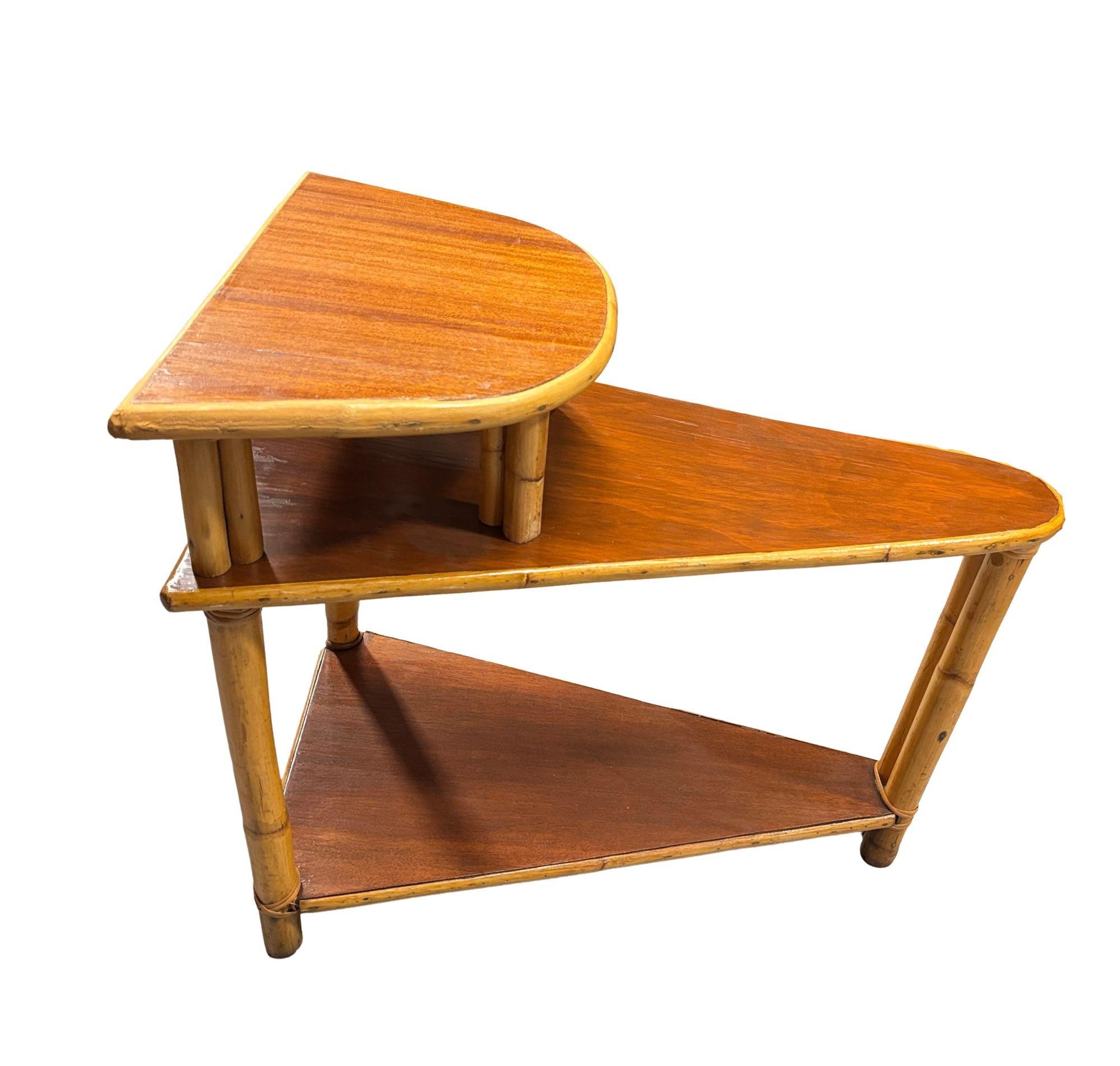 1950s Restored 3-Tier Wedge Side Table with Mahogany Tops For Sale 1