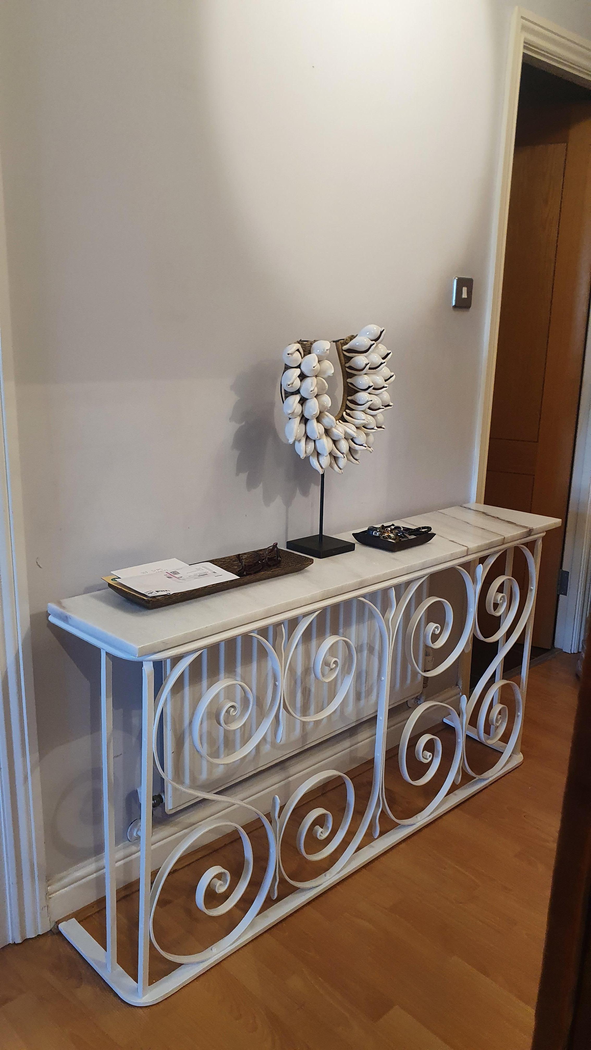 1950's restored Balcony Rail Console Table and Italian white Dolomite Marble top For Sale 5