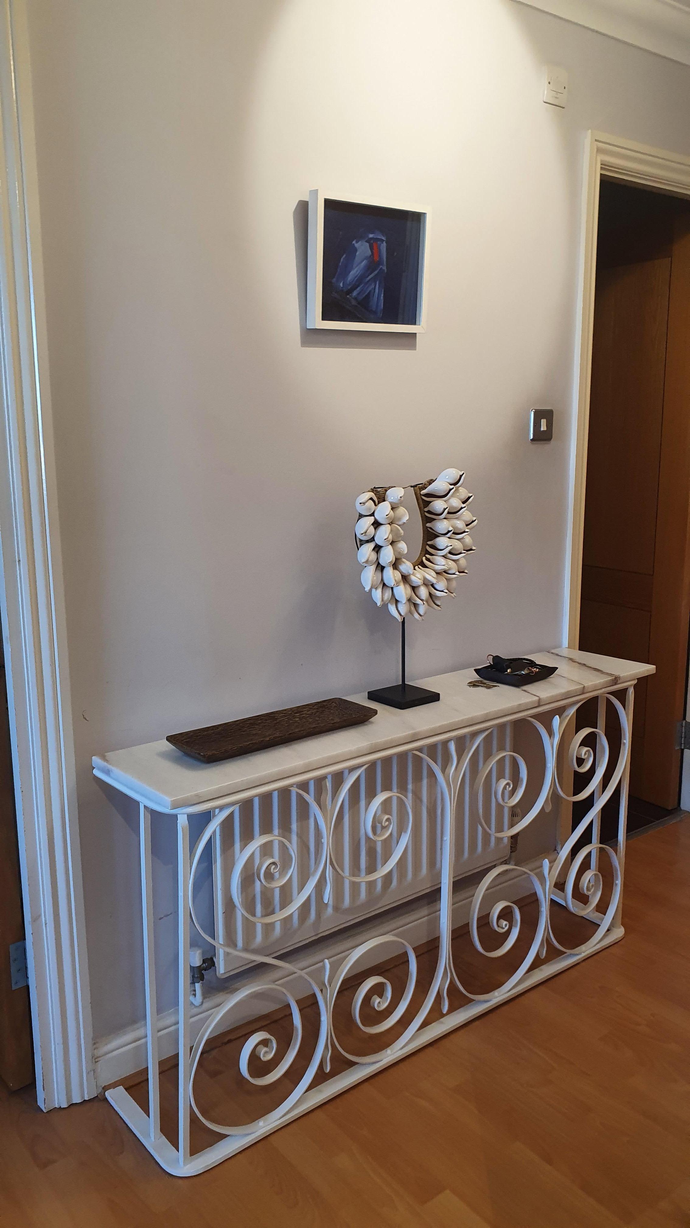 Welded 1950's restored Balcony Rail Console Table and Italian white Dolomite Marble top For Sale
