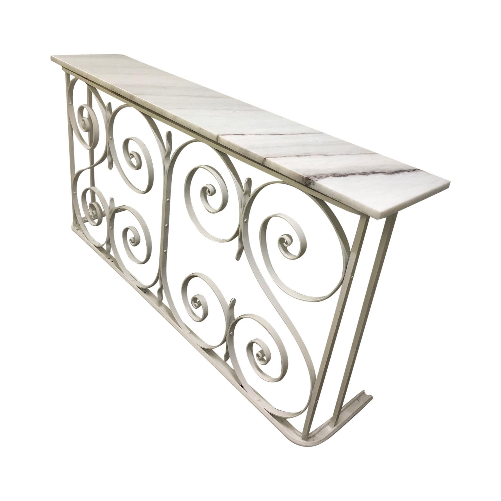 Forged 1950's restored Balcony Rail Console Table and Italian white Dolomite Marble top For Sale