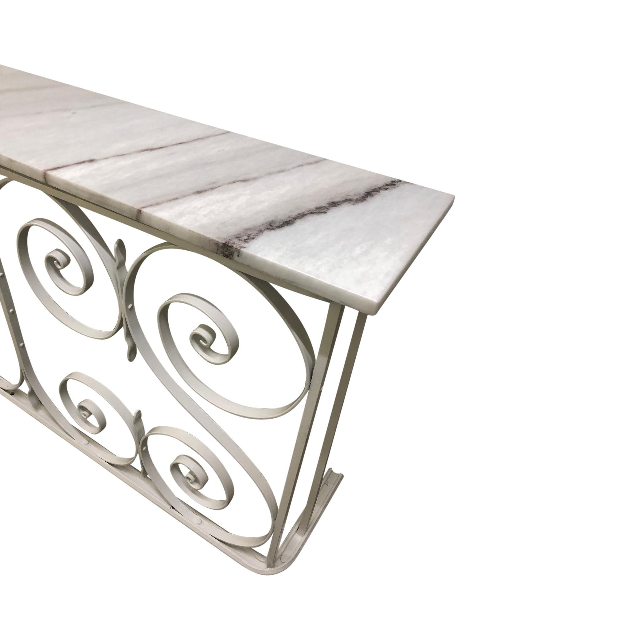 1950's restored Balcony Rail Console Table and Italian white Dolomite Marble top In Good Condition For Sale In London, GB