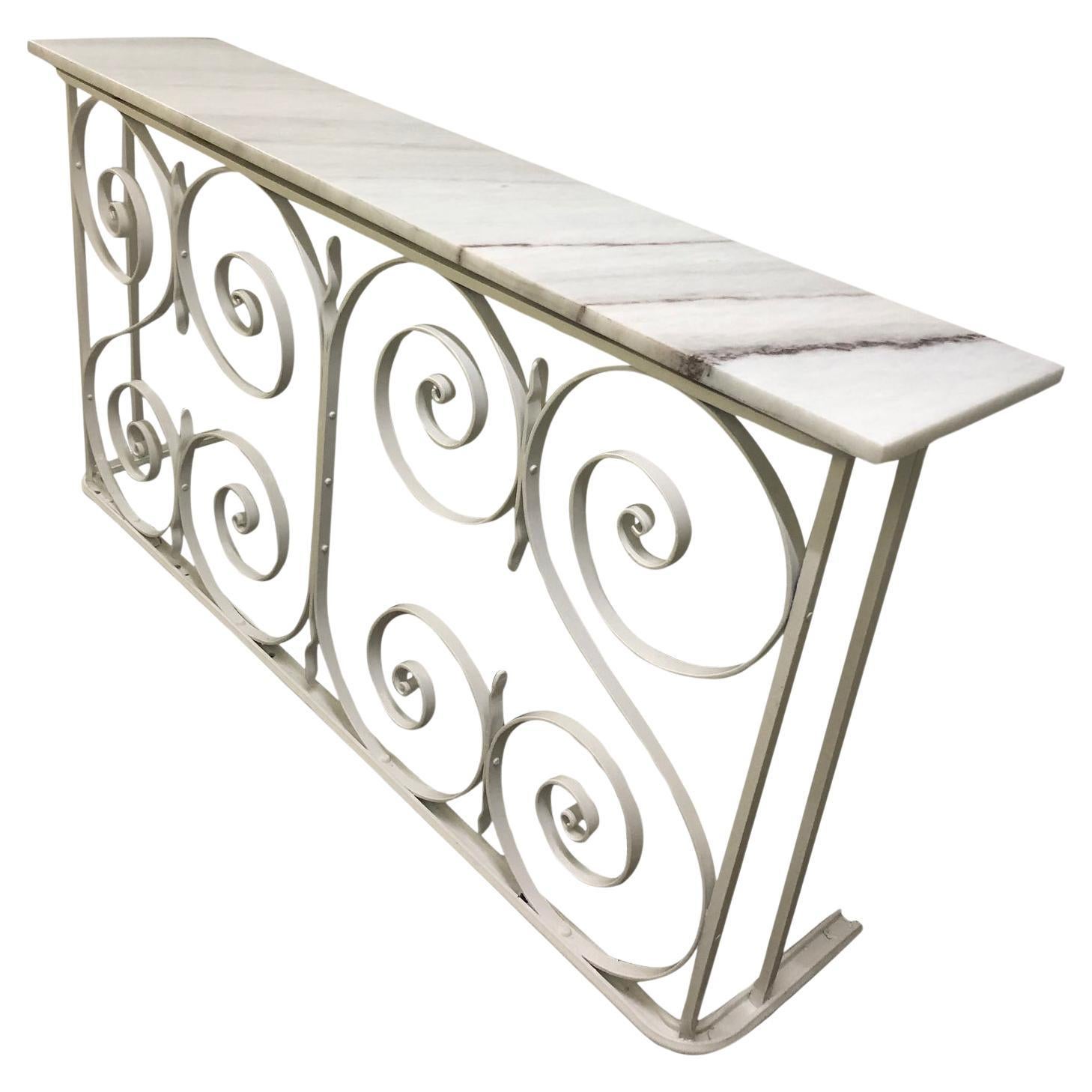1950's restored Balcony Rail Console Table and Italian white Dolomite Marble top For Sale