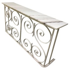 Used 1950's restored Balcony Rail Console Table and Italian white Dolomite Marble top