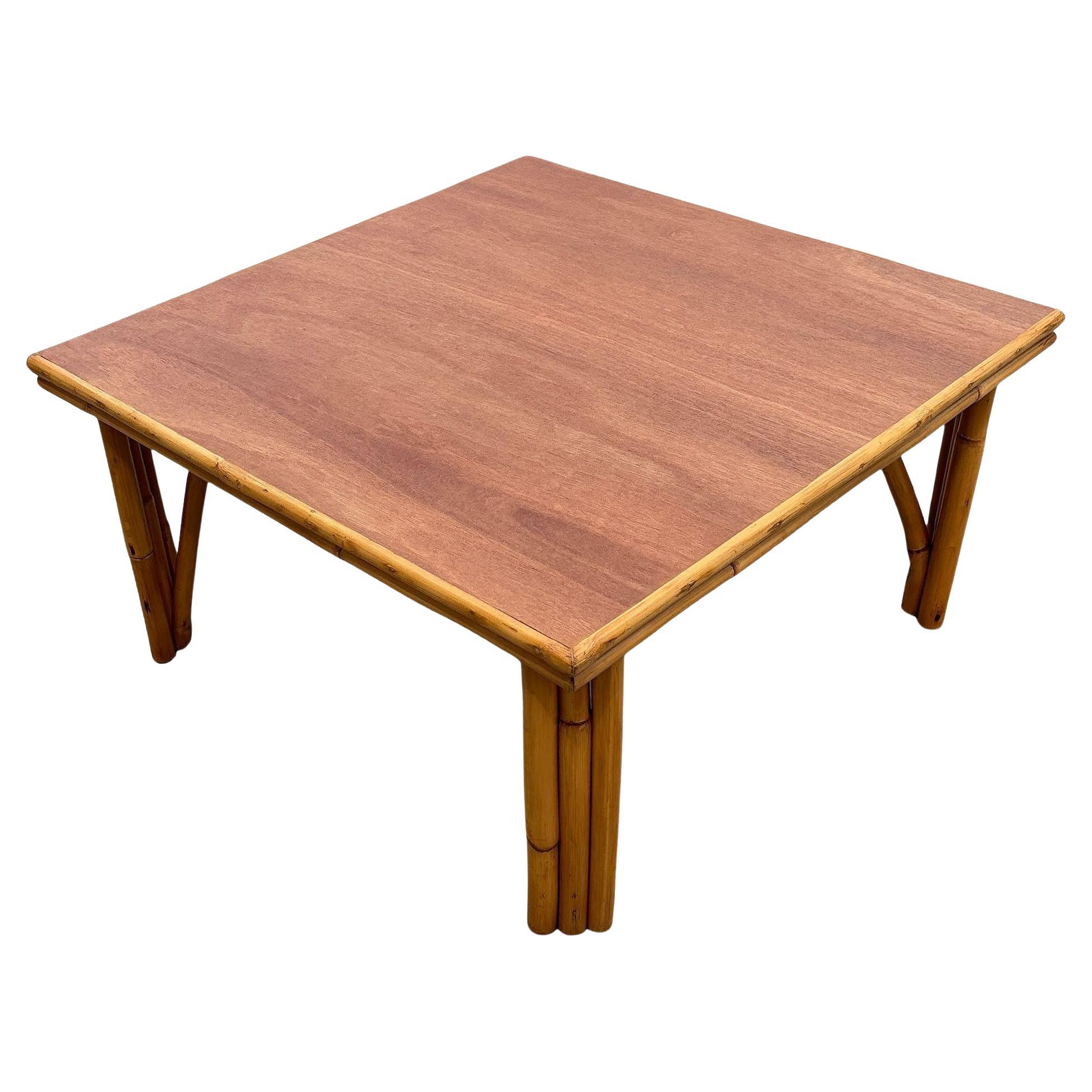 1950s Restored MCM Rattan Coffee Table with Mahogany Top and Rattan Border For Sale