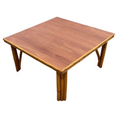 1950s Restored MCM Rattan Coffee Table with Mahogany Top and Rattan Border