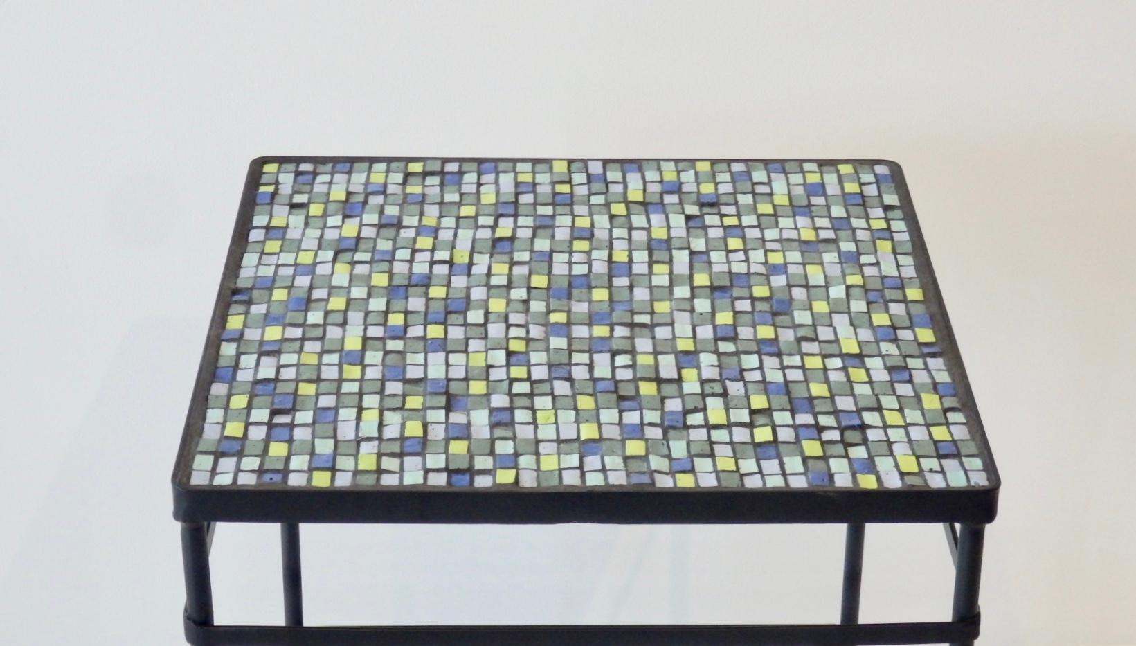 1950s Restored Mosaic Top Wrought Iron Table with Magazine Rack For Sale 4