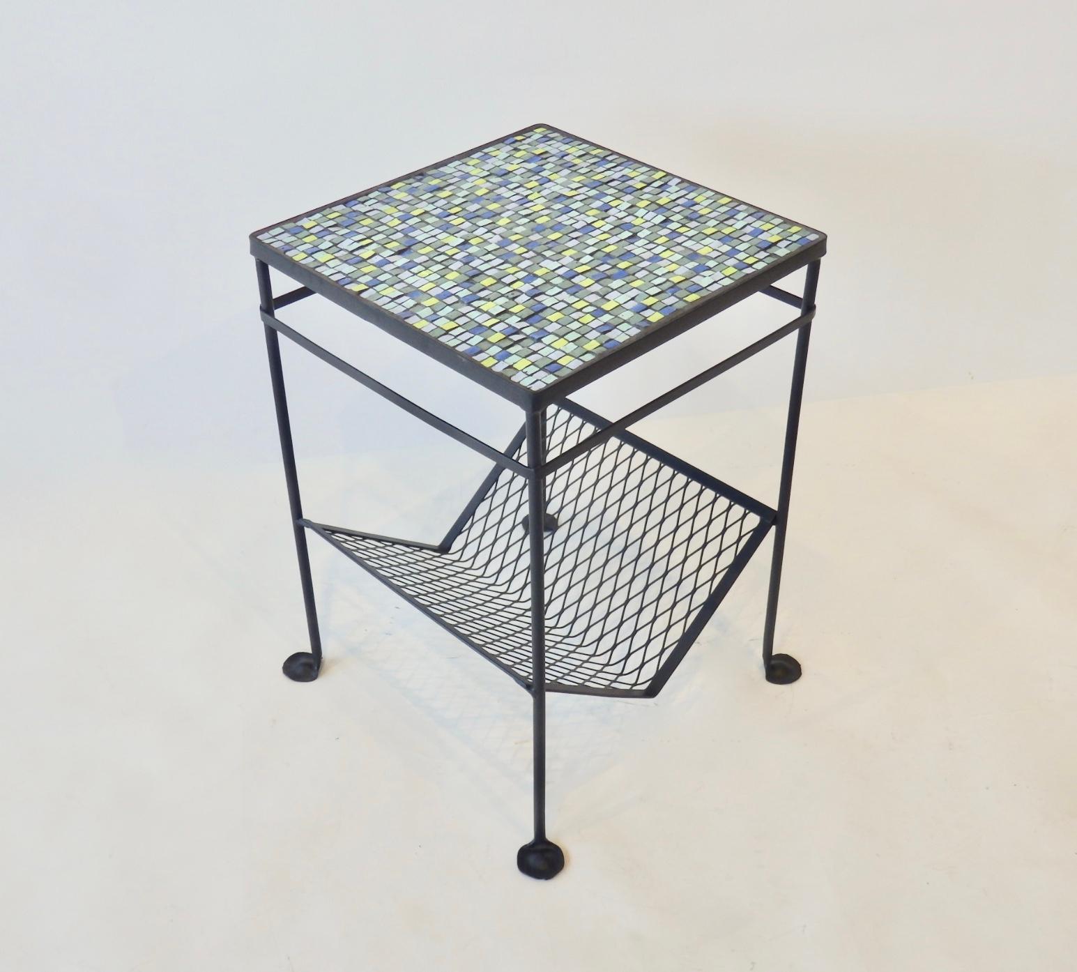 Hand-Crafted 1950s Restored Mosaic Top Wrought Iron Table with Magazine Rack For Sale