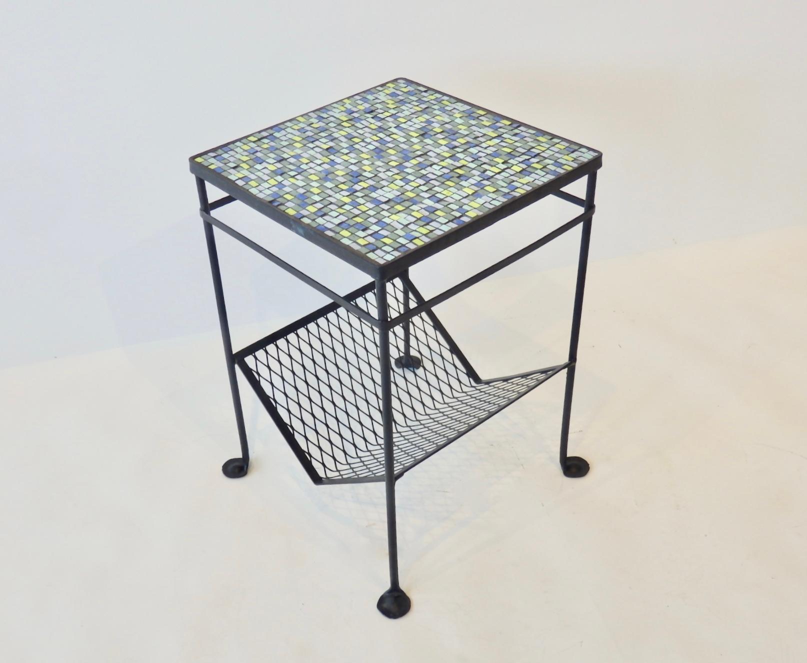 1950s Restored Mosaic Top Wrought Iron Table with Magazine Rack In Good Condition For Sale In Ferndale, MI