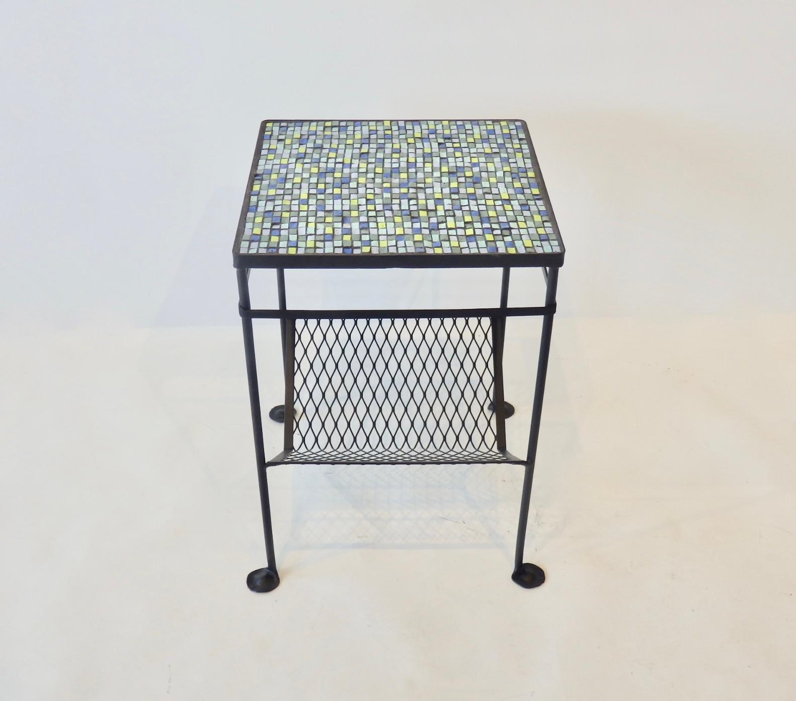 20th Century 1950s Restored Mosaic Top Wrought Iron Table with Magazine Rack For Sale