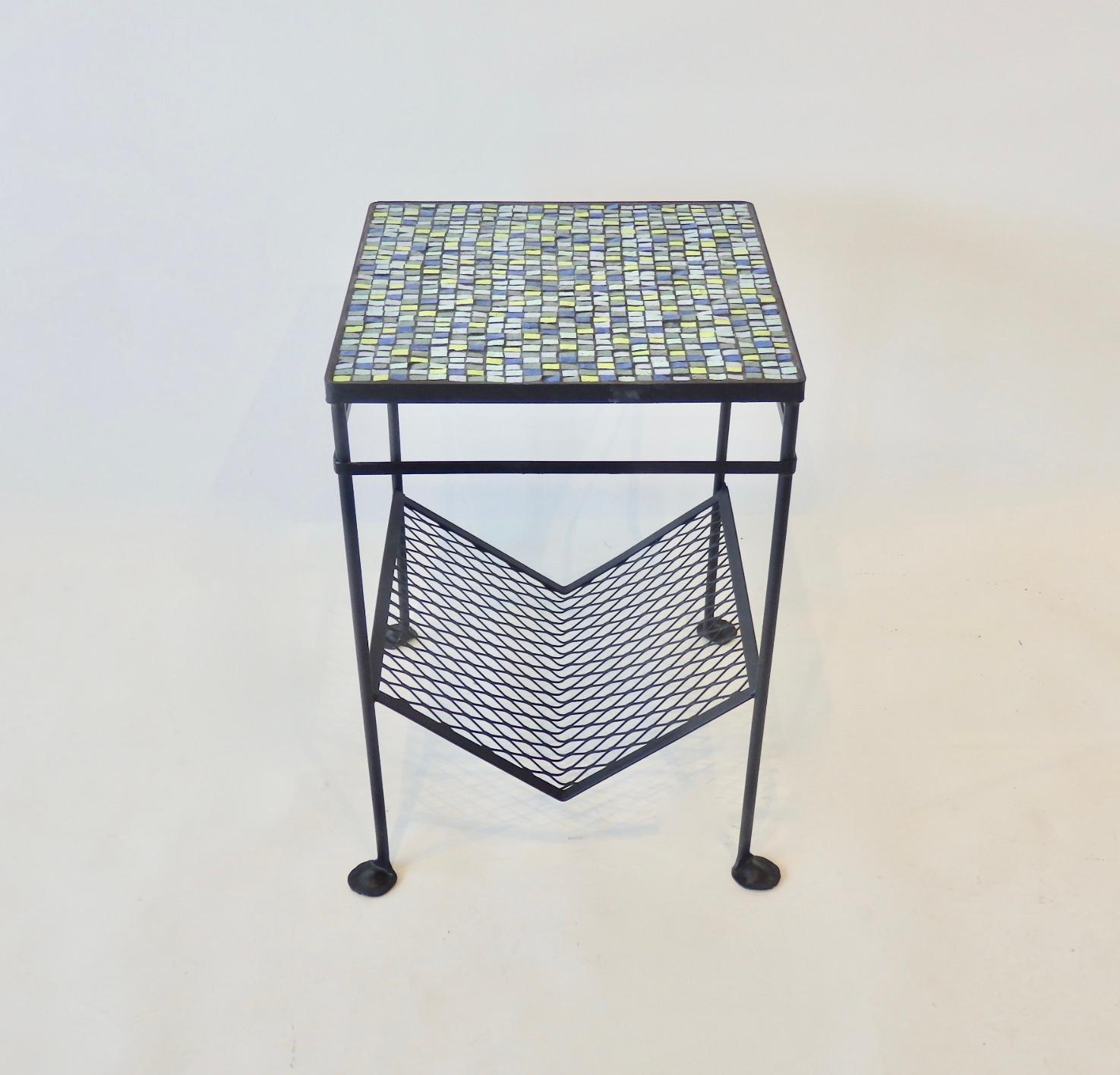 Art Glass 1950s Restored Mosaic Top Wrought Iron Table with Magazine Rack For Sale