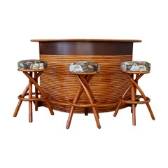 1950’s Restored Stacked Rattan Dry Bar With Three Custom Upholstered Stools