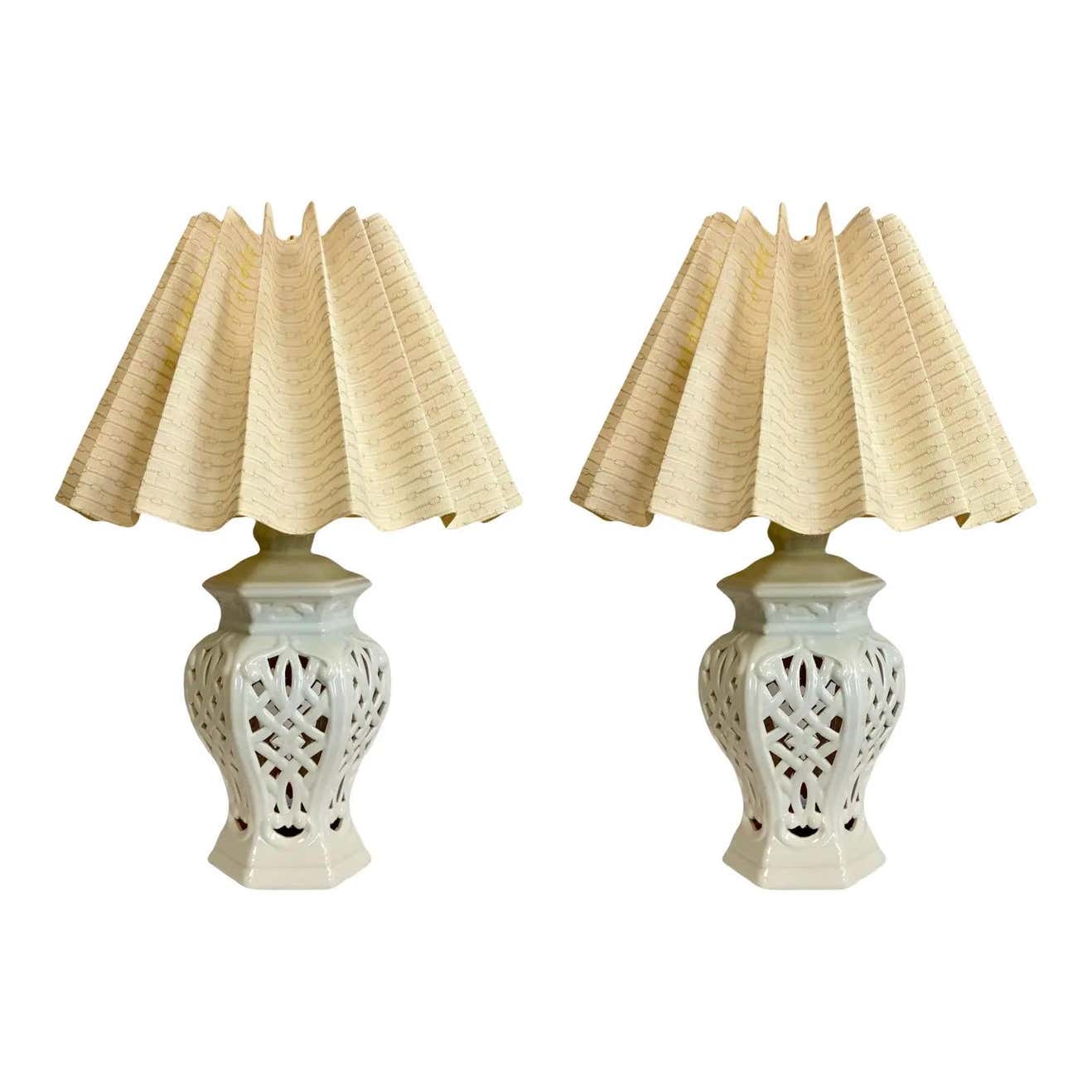 1950s Reticulated White Glazed Ginger Jar Table Lamps with Shades, a ...