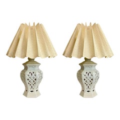 1950s Reticulated White Glazed Ginger Jar Table Lamps with Shades, a Pair