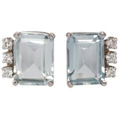 1950s Retro 14 Karat White Gold Aquamarine and Diamond Earrings