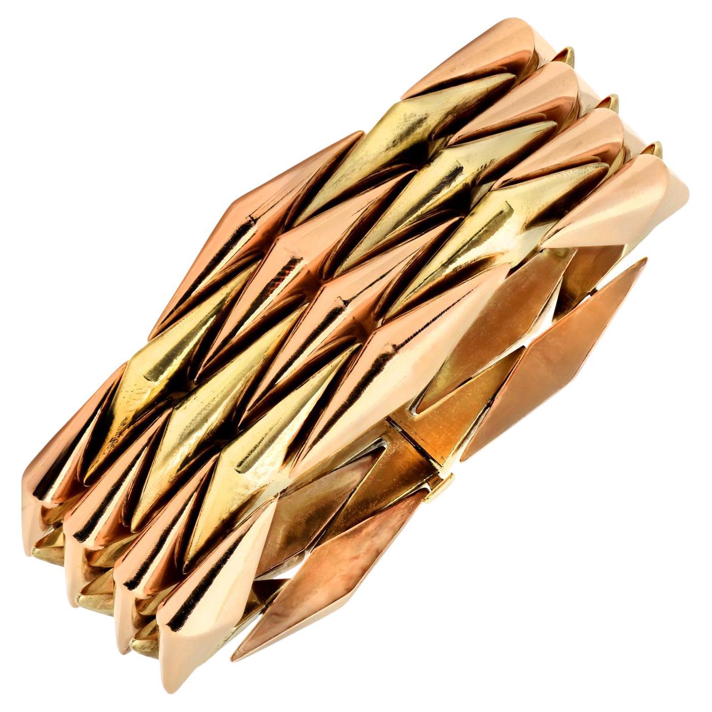 1950's Retro 14 Karat Yellow & Rose Gold Wide Link Estate Bracelet