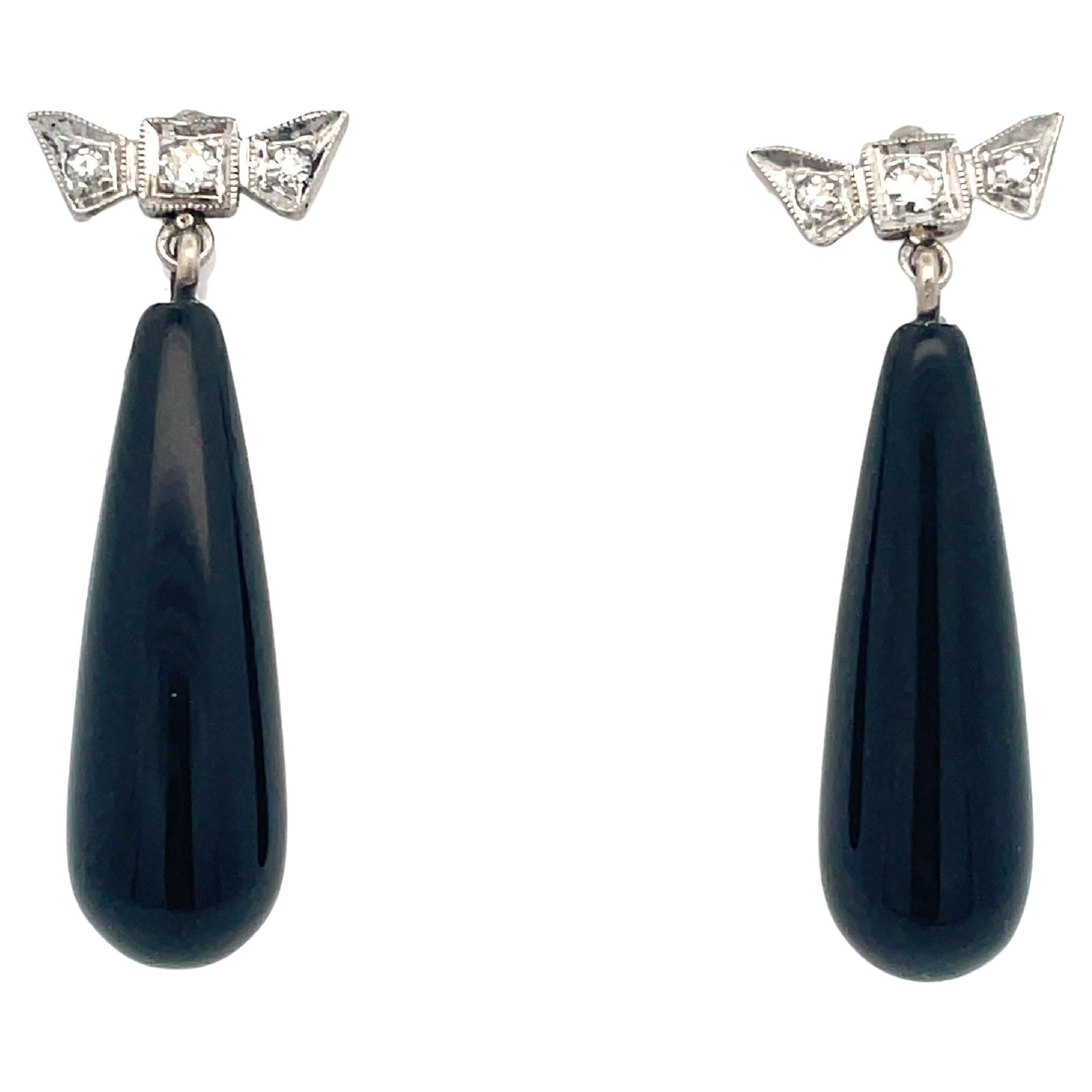 1950s Retro 14k White Gold Diamond and Onyx Earrings For Sale