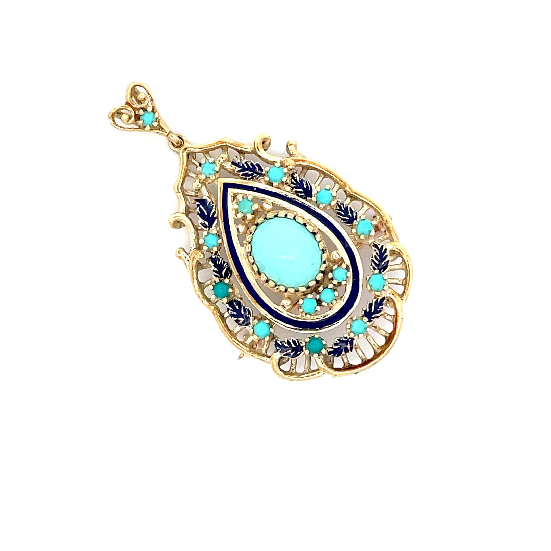 This is a stunning, 1950s Retro, 14k yellow gold pin/pendant featuring blue enamel and turquoise. The pendant features 15 small round turquoise and dark blue enamel flowers, giving this pin beautiful contrast between the blue, turquoise and 14k