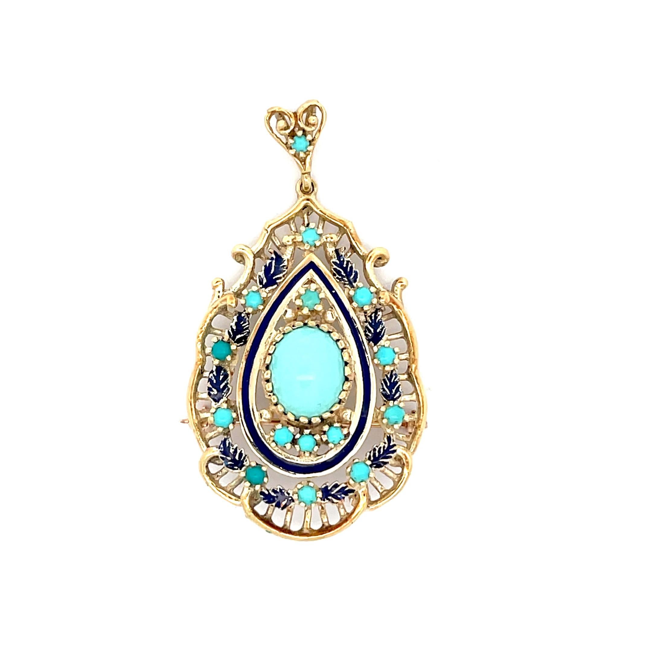 Oval Cut 1950s Retro 14K Yellow Gold Blue Enamel and Turquoise Pendant/Pin  For Sale