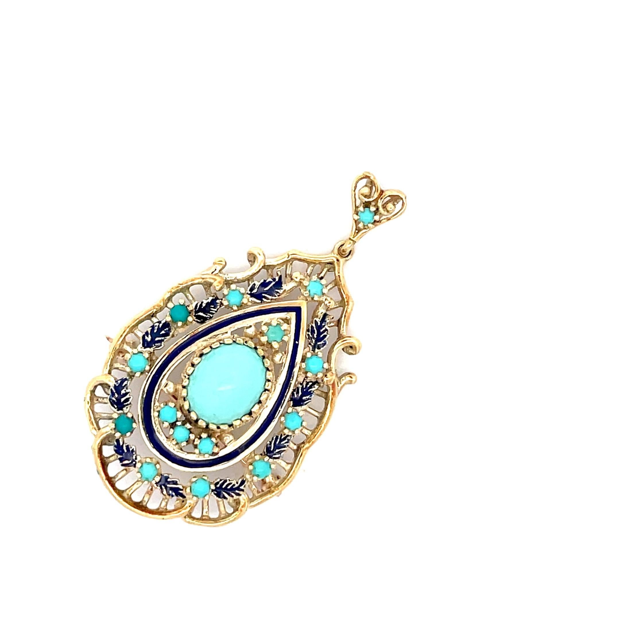 1950s Retro 14K Yellow Gold Blue Enamel and Turquoise Pendant/Pin  In Excellent Condition For Sale In Lexington, KY