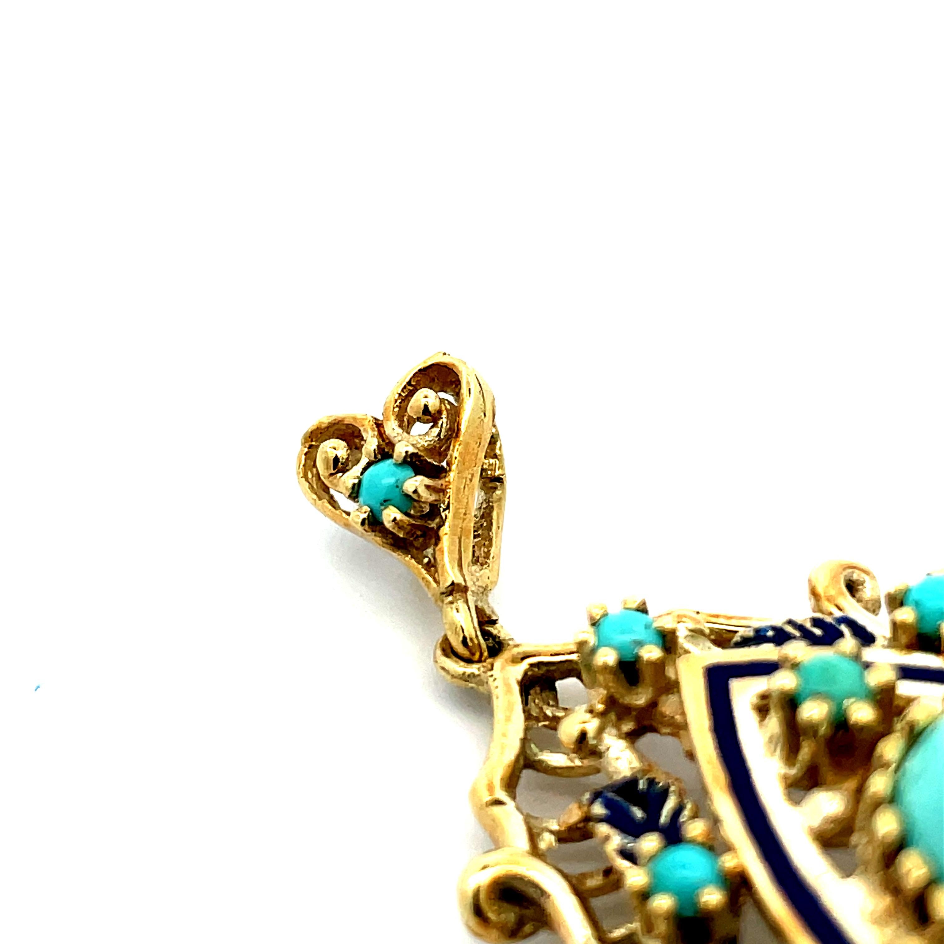 Women's or Men's 1950s Retro 14K Yellow Gold Blue Enamel and Turquoise Pendant/Pin  For Sale