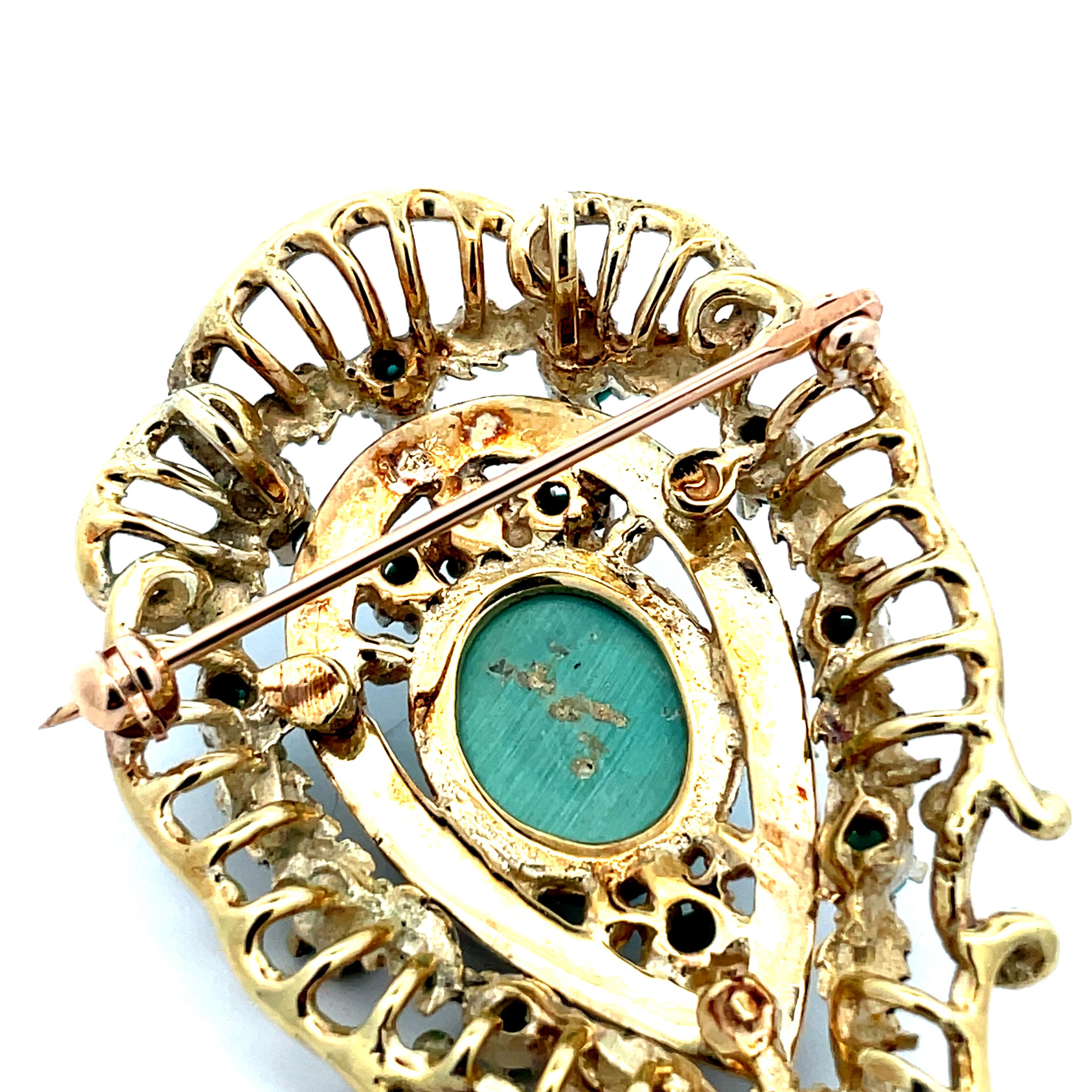 1950s Retro 14K Yellow Gold Blue Enamel and Turquoise Pendant/Pin  For Sale 1