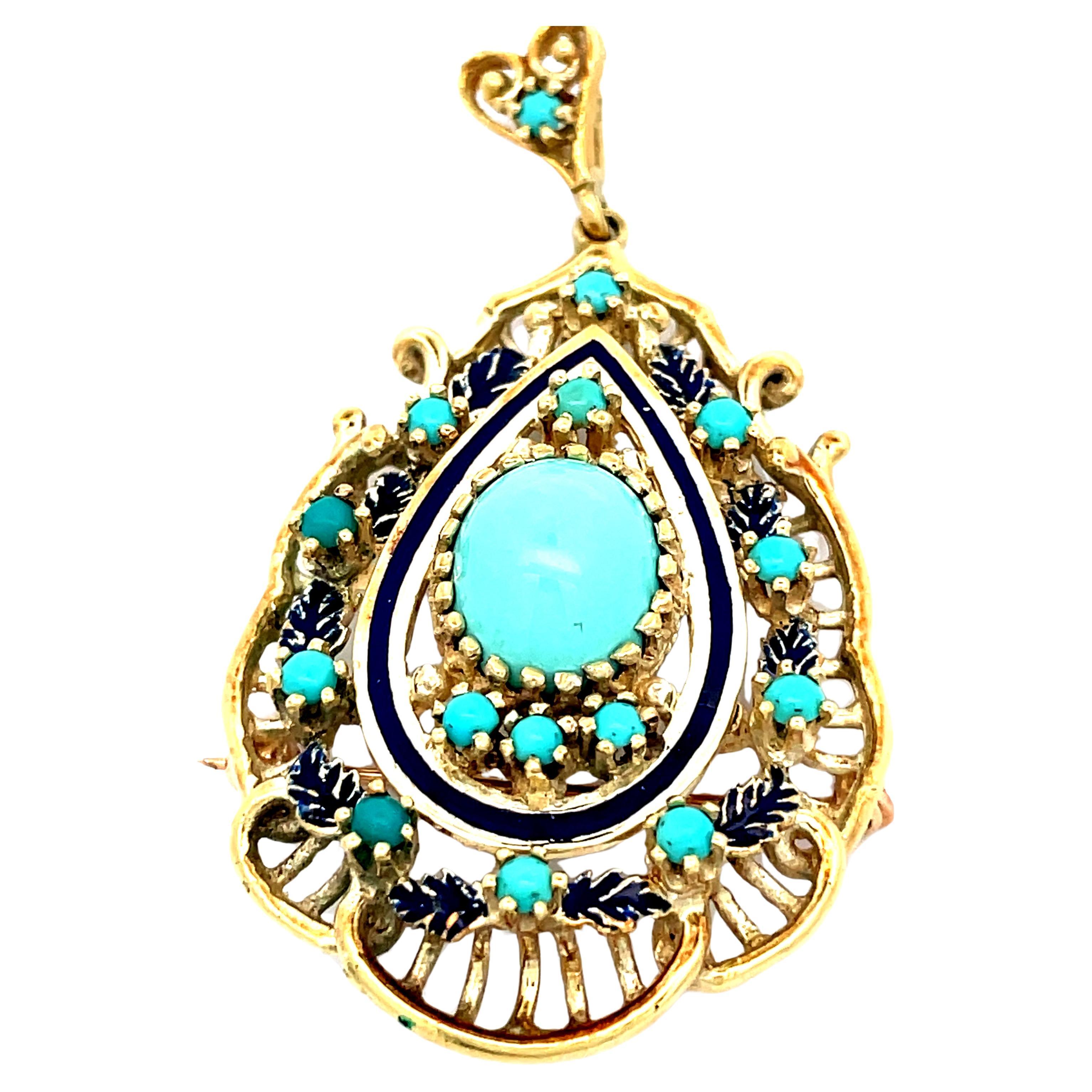 1950s Retro 14K Yellow Gold Blue Enamel and Turquoise Pendant/Pin  For Sale