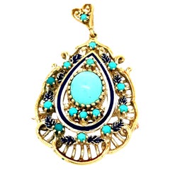 1950s Retro 14K Yellow Gold Blue Enamel and Turquoise Pendant/Pin 