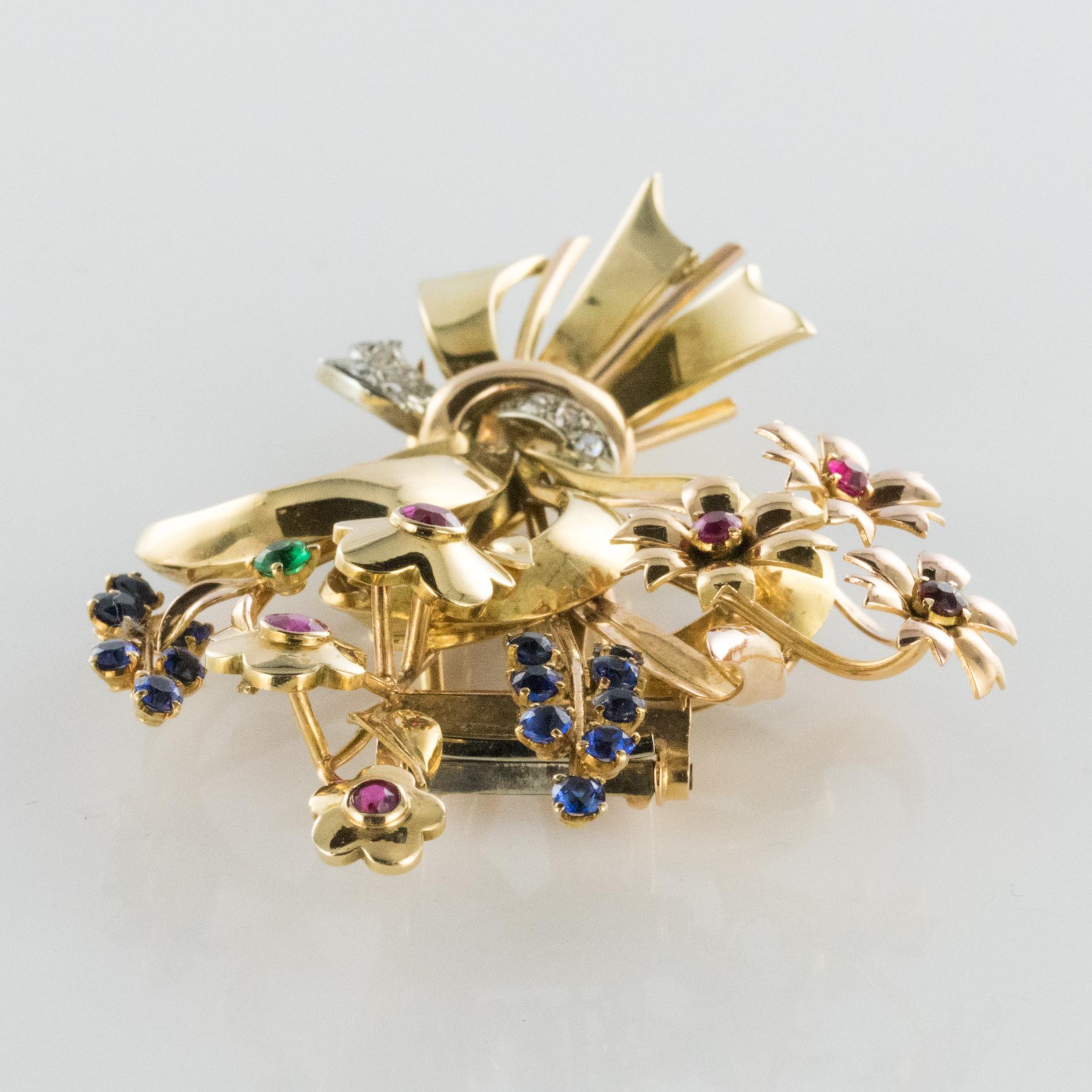 1950s Retro 18 Karat Gold Bouquet Precious Stones Brooch For Sale 4