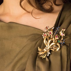 1950s Retro 18 Karat Gold Bouquet Precious Stones Brooch