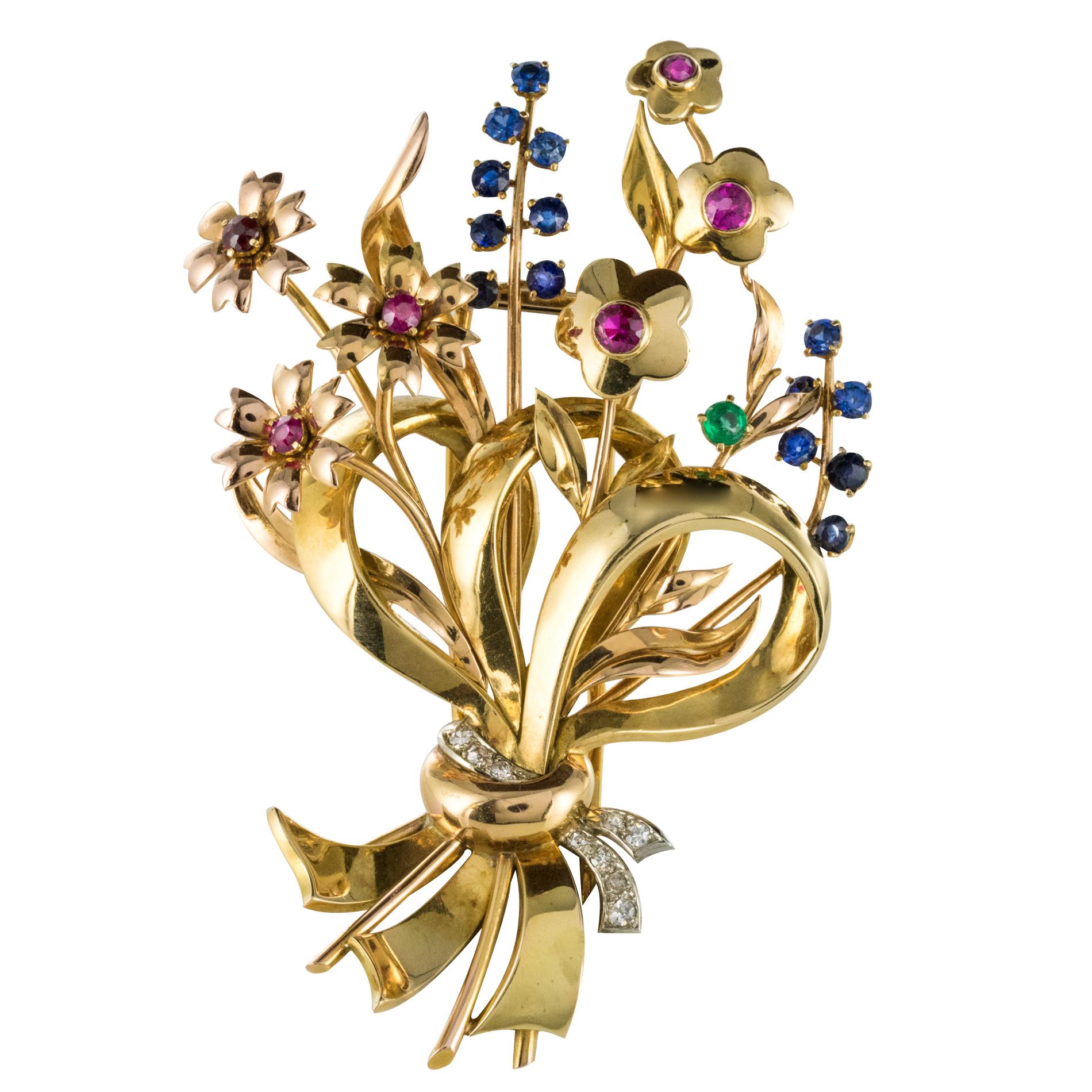 1950s Retro 18 Karat Gold Bouquet Precious Stones Brooch For Sale