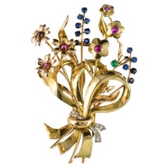 1950s Retro 18 Karat Gold Bouquet Precious Stones Brooch