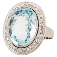 1950s Retro 18K White Gold 15ct Aquamarine Diamond Cocktail Ring