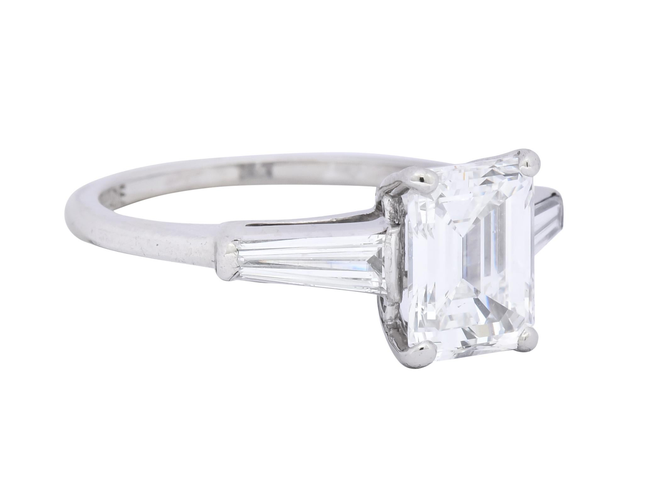 Emerald Cut 1950s Retro 2.03 Carat Diamond Platinum Three-Stone Engagement Ring GIA