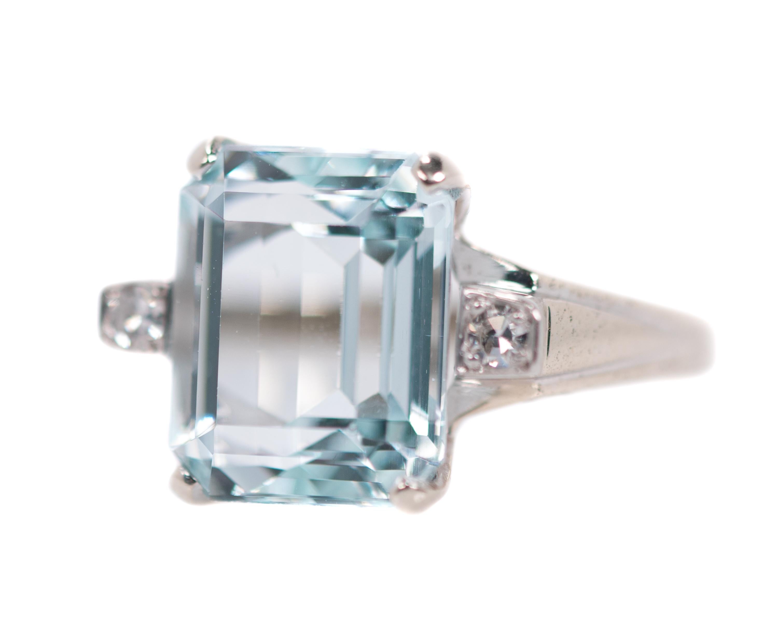 Emerald Cut 1950s Retro 6 Carat Aquamarine and Diamond, 14 Karat White Gold Engagement Ring