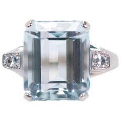 1950s Vintage 6 Carat Aquamarine and Diamond, 14 Karat White Gold Engagement Ring