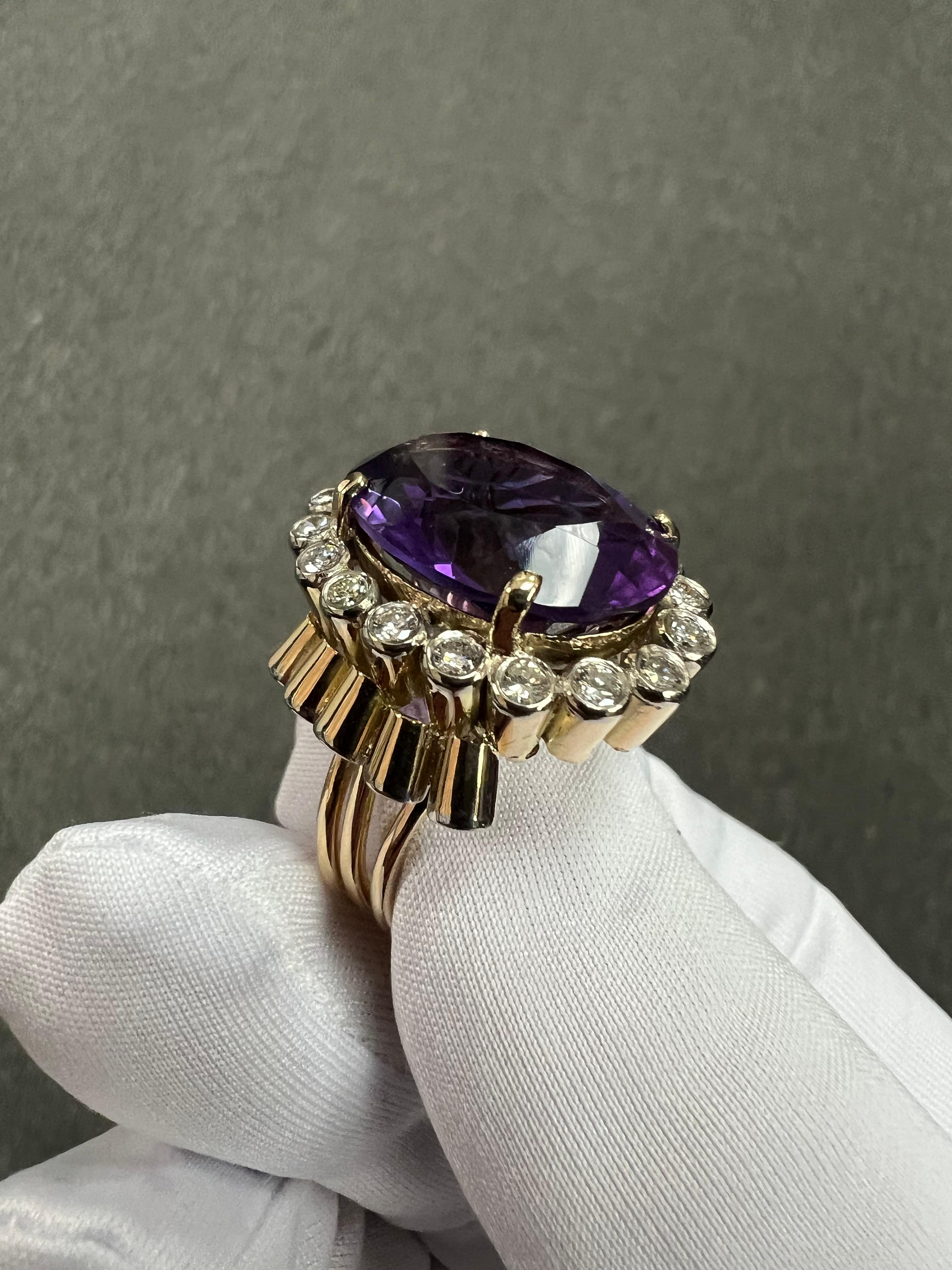 1950s Retro Amethyst Diamond Yellow Gold Cocktail Ring For Sale 7
